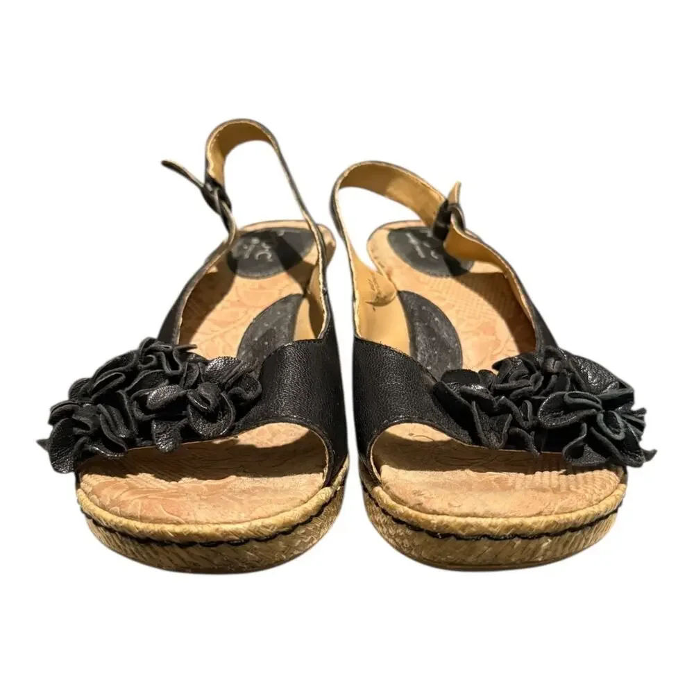 BOC Born Women’s Size 9 Black Leather Flower Open Toe Slingback Wedge Sandal